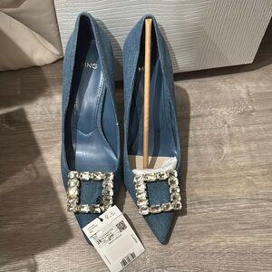 Mango Blue Heels with Embellished Buckle